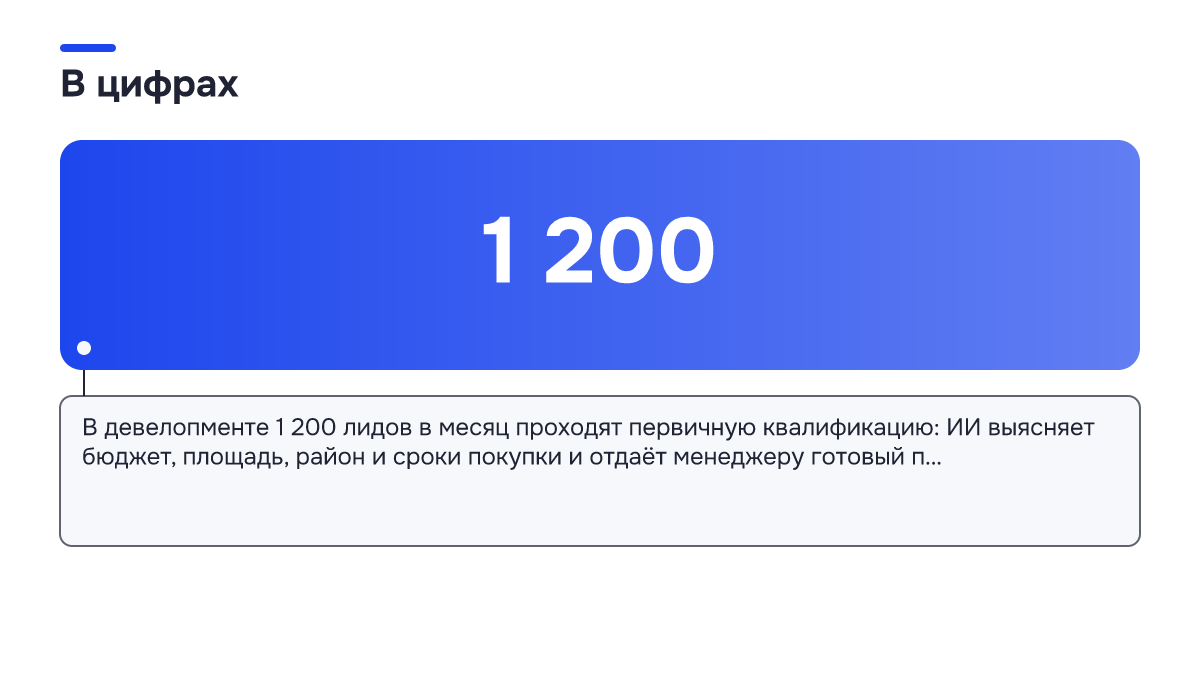 Инфографика: Как автоматизировать продажи с помощью ИИ: с чего начать и что считать результатом Инфографика: Инфографика: Как автоматизировать продажи с помощью ИИ: с чего начать и что считать результатом. 1 200 — В девелопменте 1 200 лидов в месяц проходят первичную квалификацию: ИИ выясняет бюджет, площадь, район и сроки покупки и отдаёт менеджеру готовый п…
