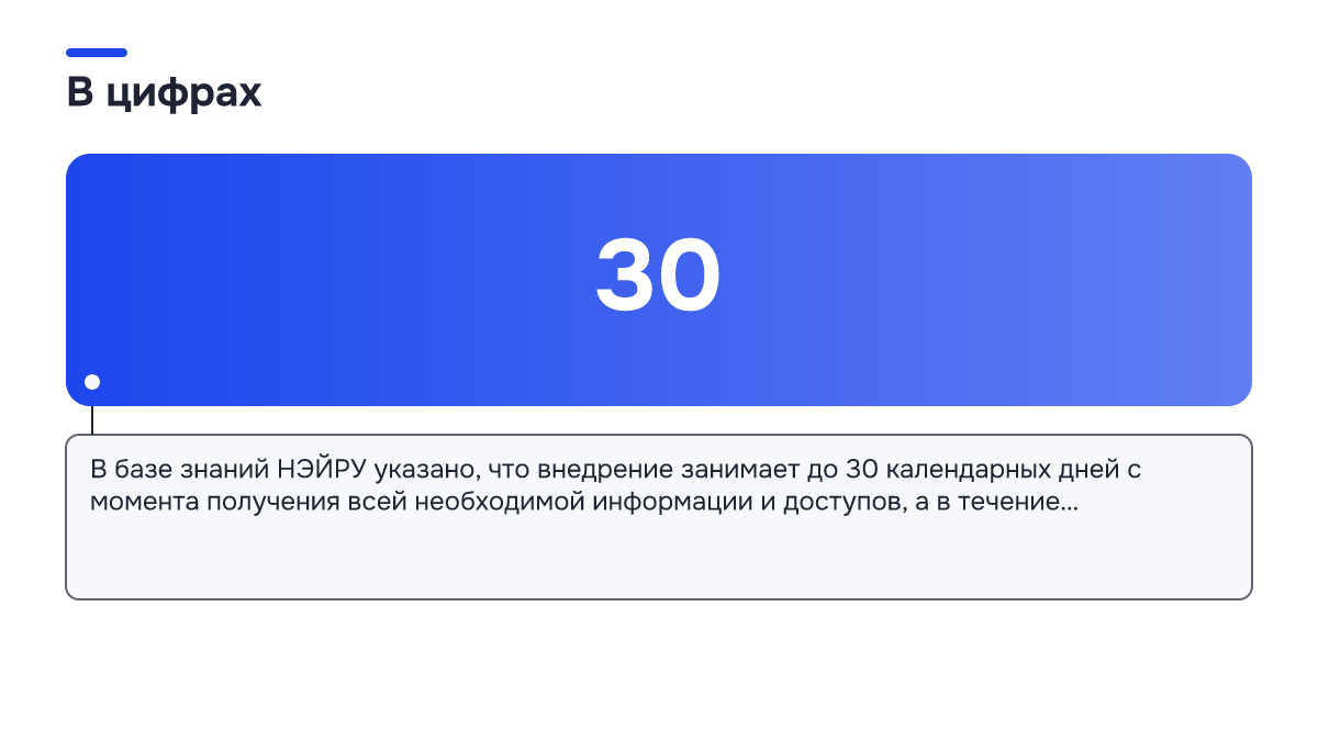 Инфографика: Инфографика: Как выбрать ИИ-портье для апарт-комплекса с круглосуточным потоком обращений. 30 — В базе знаний НЭЙРУ указано, что внедрение занимает до 30 календарных дней с момента получения всей необходимой информации и доступов, а в течение…