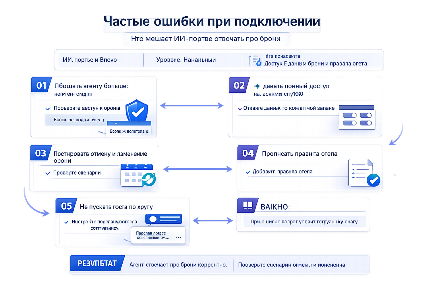 Частые ошибки при подключении Чек-лист: Частые ошибки при подключении. ✓ Обещать агенту больше, чем он видит; ✓ Отдавать агенту полный доступ «на всякий случай» — данные о брони нужн; ✓ Не тестировать сценарии отмены и изменения брони — самые частые точки; ✓ Забыть про правила отеля; ✓ Пускать гостя по кругу