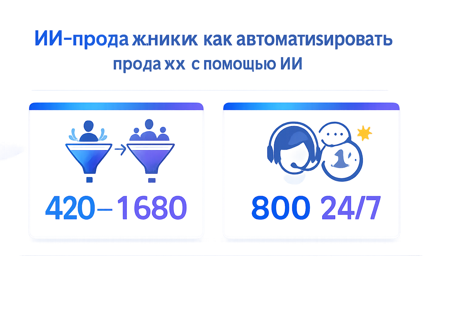Инфографика: Инфографика: ИИ-продажники: как автоматизировать продажи с помощью ИИ, если лиды уже есть. 420 — 420 входящих обращений превращаются в до 1 680 обработанных диалогов в месяц: ИИ отвечает 24/7, выявляет потребность, бюджет и сроки и передаёт мен…; 800 — 800 обращений в месяц…
