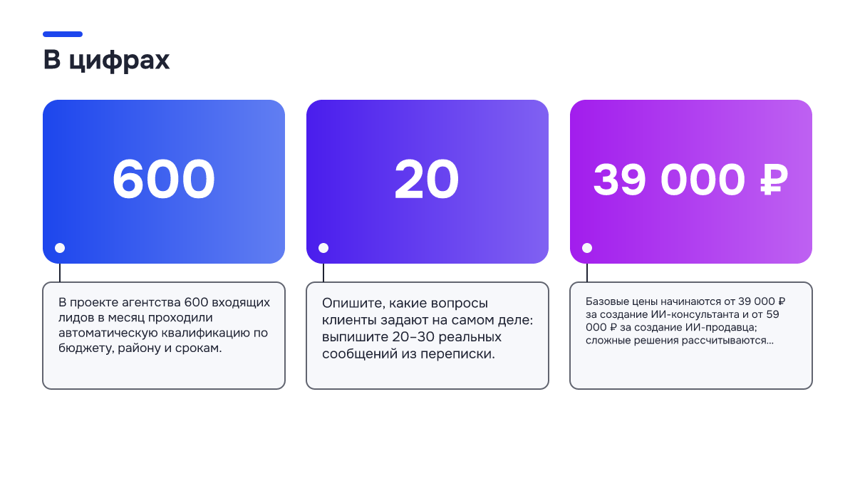 Инфографика: Примеры использования ИИ-продавцов на сайтах: 5 сценариев из практики Инфографика: Инфографика: Примеры использования ИИ-продавцов на сайтах: 5 сценариев из практики. 600 — В проекте агентства 600 входящих лидов в месяц проходили автоматическую квалификацию по бюджету, району и срокам.; 20 — Опишите, какие вопросы клиенты задают на самом деле: выпишите 20–30 реальных…