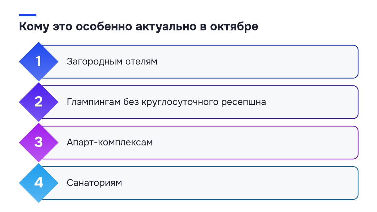 Чек-лист: Кому это особенно актуально в октябре. ✓ Загородным отелям; ✓ Глэмпингам без круглосуточного ресепшна; ✓ Апарт-комплексам; ✓ Санаториям